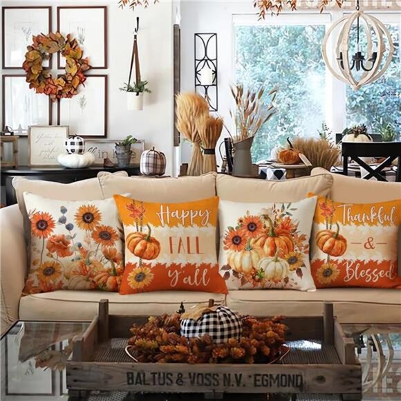 NIGHTWISH Fall Pillow Covers 18x18 Set of 4 Thanksgiving Farmhouse Decorations - Picture 2 of 8